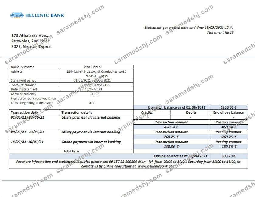 Cyprus Hellenic bank statement template in Word and PDF format
